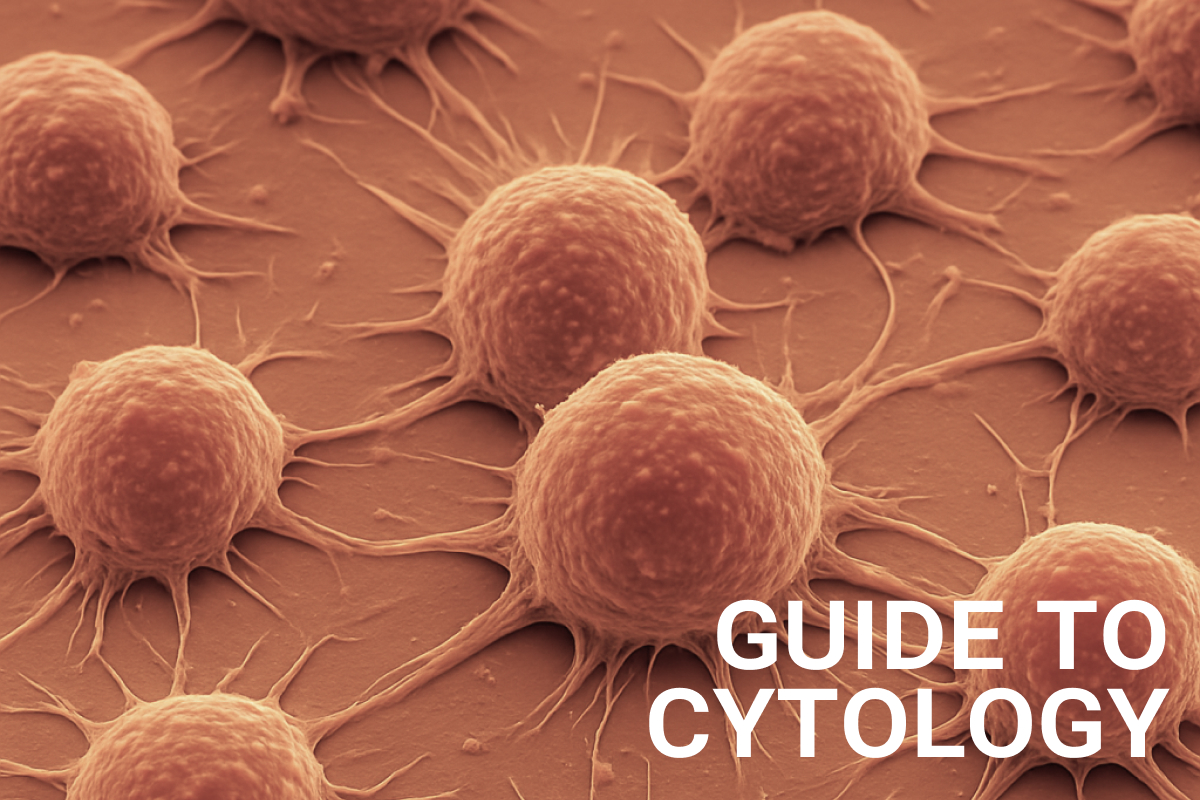 Close-up, high-resolution microscopic image of eukaryotic cells growing on a flat surface, shown in orange tones. The cells have extended filopodia anchoring them to the substrate. The text “GUIDE TO CYTOLOGY” appears in bold white font in the lower right corner.