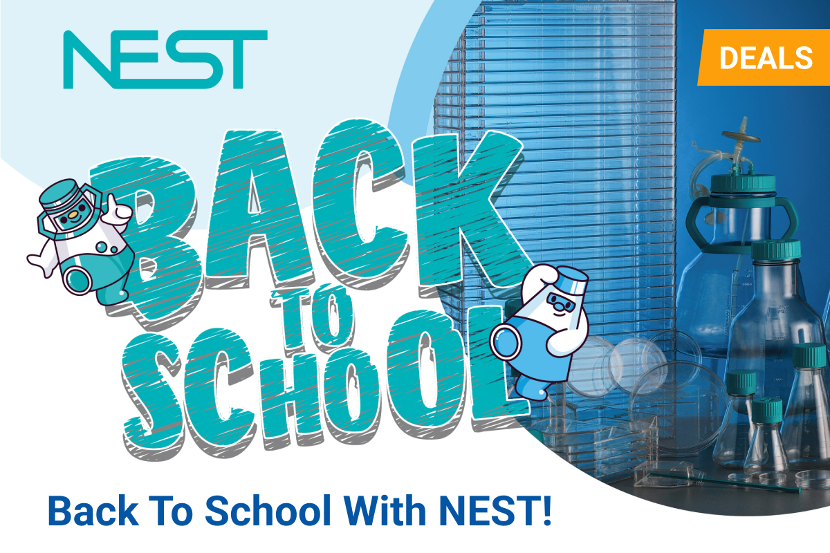 Back to School with NEST—promo banner with big teal lettering, orange “DEALS” tag, cartoon lab mascots, and bottles, flasks, and plates in the background.