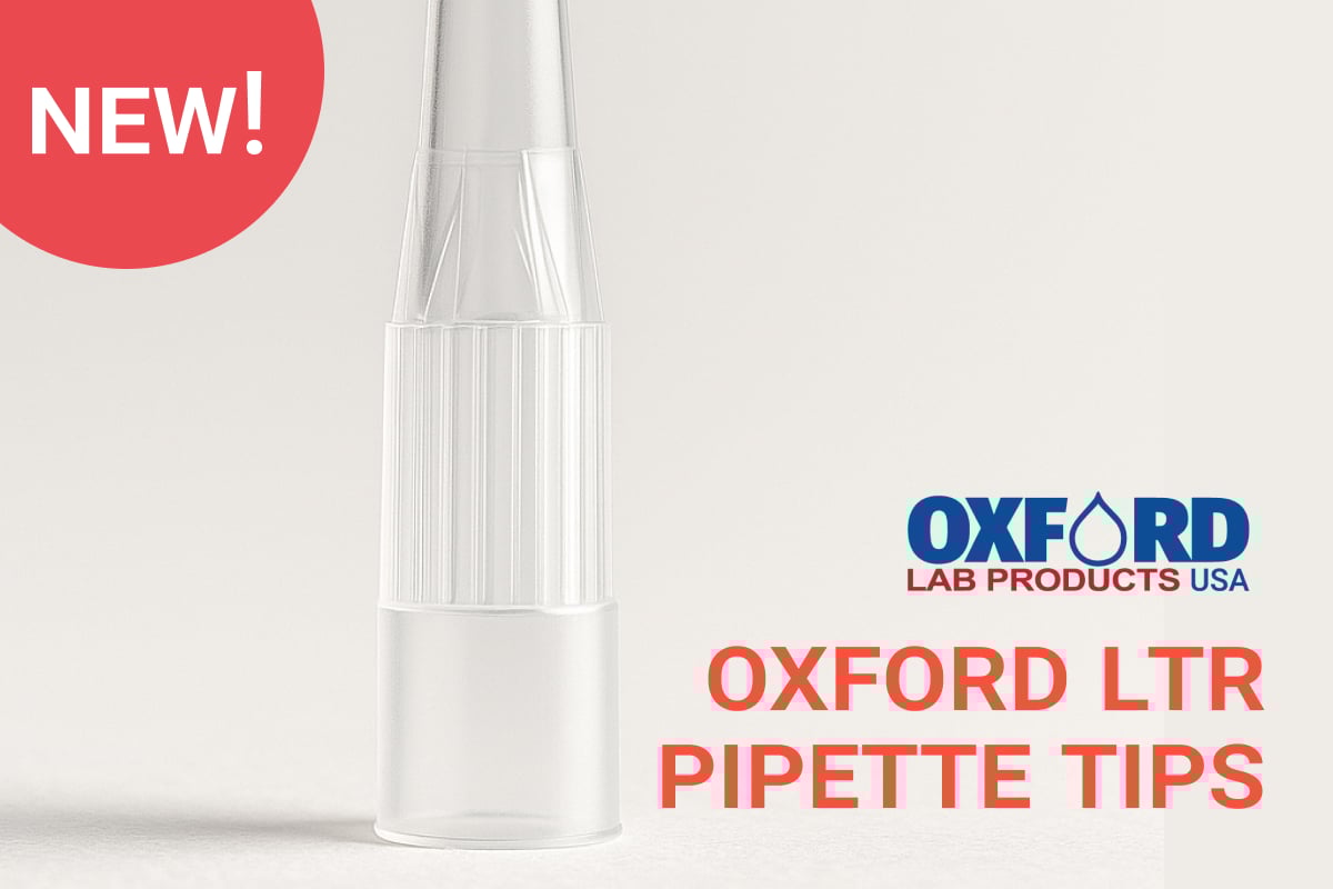 Clear pipette tip standing upright with text reading "NEW!" in a red circle, and "OXFORD LAB PRODUCTS USA – OXFORD LTR PIPETTE TIPS" in bold red and blue font. The image promotes Oxford Lab Products' new LTR pipette tips, suggesting high precision and innovation.