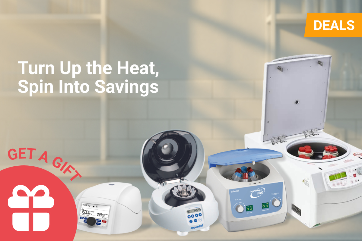 Promotional banner for a Summer Spin Campaign featuring centrifuge deals. The image shows four different laboratory centrifuges placed on a bright lab bench with sunlight streaming through a window. Text reads 'Turn Up the Heat, Spin Into Savings'. A red circular badge in the corner says 'Get a Gift' with a white gift icon, and an orange label in the top right corner says 'Deals'.